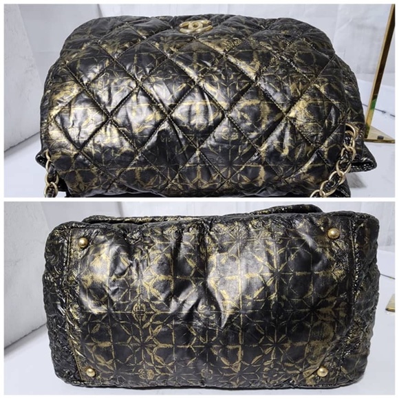 Authentic CHANEL Nylon Printed Quilted Accordion Flap Shoulder Bag Black/Gold - Picture 8 of 16